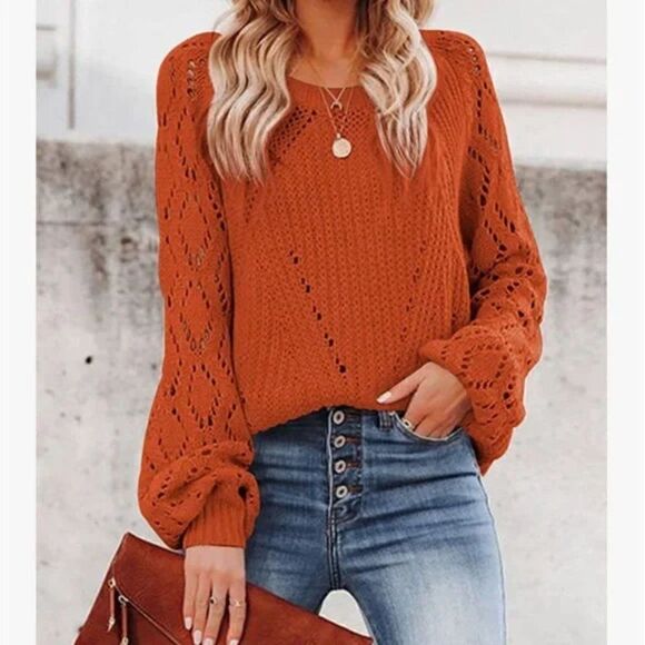 New Pink Crochet Hollow Out Crewneck Knit Sweater Pullover - Picture 4 of 6